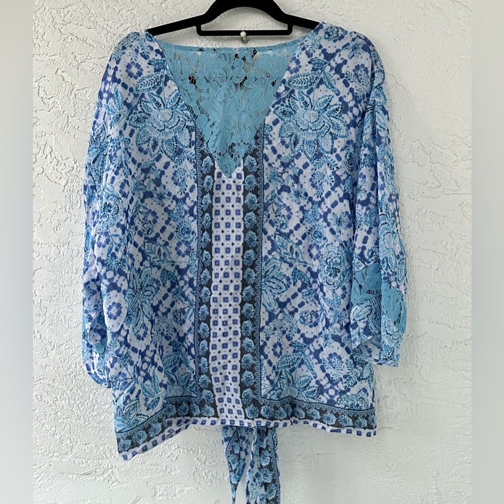 Zac & Rachel Blouse Tie Front Floral Lace Pullover Blue White XL - Picture 3 of 5